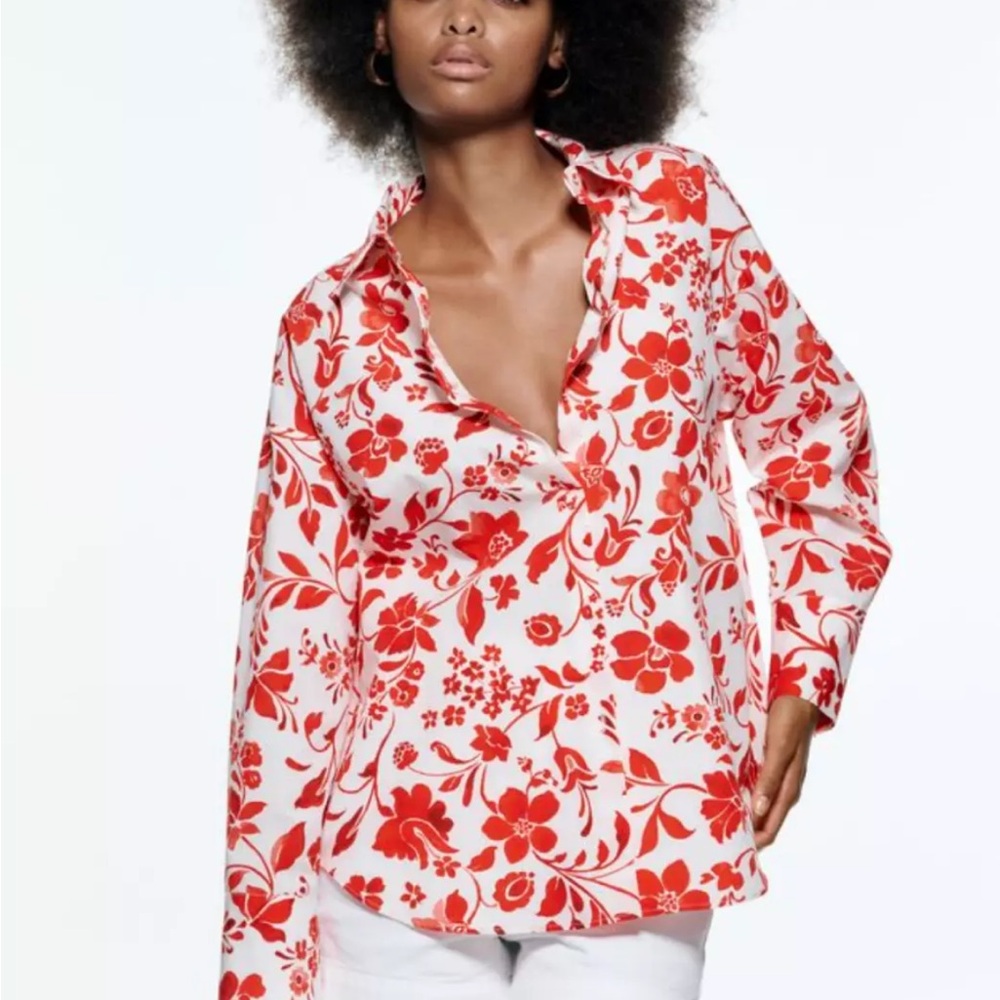 Zara Floral Red and White Women's Cotton Oversized Shirt
